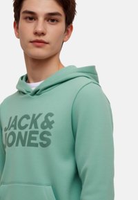 Giovane che indossa una felpa verde menta con la scritta "JACK & JONES" stampata sul davanti, che guarda leggermente di lato su uno sfondo bianco.