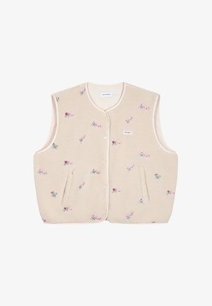 Beżowa kamizelka z polaru z małym różowym kwiatowym haftem, okrągłym dekoltem, zatrzaskami, bocznymi kieszeniami i metką "Oh April" na piersi.