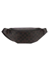 Dark brown fanny pack featuring a checkered pattern, smooth texture, a zippered closure, and adjustable strap. Logo printed on the front.