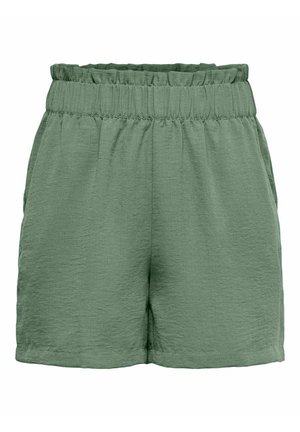 Shorts verts avec une finition texturée, dotés d'une taille élastique froncée et de poches latérales, conçus pour le confort et la facilité de port.