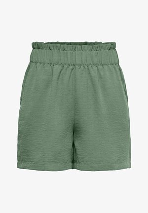 Žali šortai su tekstūruotu paviršiumi, su susiraukšlėjusia elastine juosta ir šoninėmis kišenėmis, sukurti patogumui ir lengvam dėvėjimui.