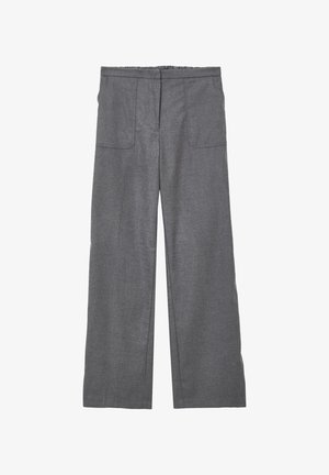 Graue gerade geschnittene Hose mit vorderen aufgesetzten Taschen und einem flachen Bund, aus strukturiertem Stoff.