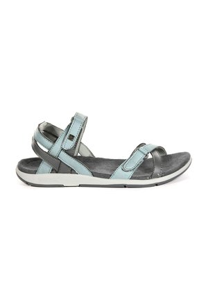 Sandalia de exterior azul claro y gris con punta abierta, con correas ajustables y suela acolchada, diseñada para comodidad y soporte.