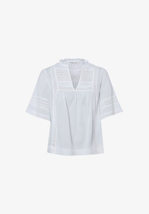 White short-sleeve blouse with lace panels, pleated details on sleeves, a ruffled collar, and a V-neckline.