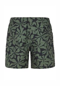Muške kupaće kratke hlače u tamnozelenoj boji s crnim uzorkom lista, s teksturiranom tkaninom, elastičnom waistbandom i jednim stražnjim džepom.