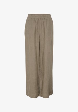 Lichtbruin, wijd broekspijpen gemaakt van gestructureerde stof met verticale strepen. Heeft een elastische tailleband en een vloerlengte ontwerp.