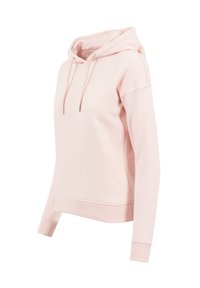 Világos rózsaszín kapucnis pulóver puha anyagból, húzózsinóros kapucnival, hosszú ujjakkal és bordázott szegéllyel. Egyszerű, mintázat nélküli dizájn.