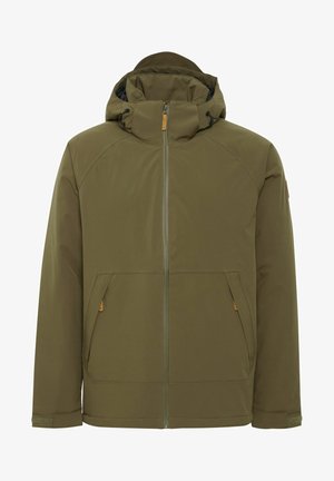 Olijfgroen gevoerd jack met een voorkeursrits, voorzien van twee zijzakken, een verstelbare kraag en een minimalistisch ontwerp voor bescherming tegen het weer.