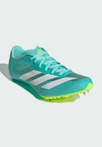Aqua running shoe with white stripes and bright yellow accents. Features a sleek design, textured upper, and spiked sole for traction.