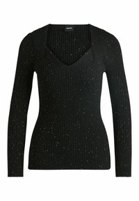 Svart långärmad tröja med ribbad textur, med en djup V-halsringning och silverprickar genom hela för ökad detalj.