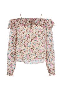 Blomstret off-the-shoulder bluse med flæsedetalje. Let stof i beige med pink og blå blomster. Elastiske manchetter med samlet tekstur.