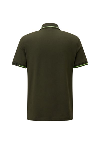 Dark green polo shirt with short sleeves, features a contrasting light green stripe on the collar and sleeve edges. Soft, plain fabric.