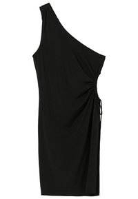 Svart enaxlad klänning med samlad detalj på sidan och dragsko. Tillverkad av mjukt, lätt tyg och har en figurnära silhuett.