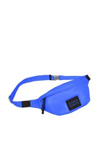 Bolso de cintura azul hecho de un tejido duradero, con un diseño elegante, correa ajustable, cierre con cremallera y una etiqueta de logo.