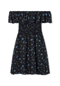 Abito nero off-the-shoulder con motivo floreale blu, corpetto arricciato, maniche a volant e gonna svasata. Tessuto leggero e dettagli floreali.