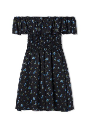 Abito nero off-the-shoulder con motivo floreale blu, corpetto arricciato, maniche a volant e gonna svasata. Tessuto leggero e dettagli floreali.