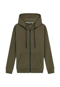 Felpa con zip verde oliva realizzata in tessuto morbido, dotata di una tasca frontale, cordini regolabili e un piccolo logo sul petto.