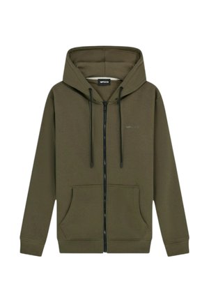 Felpa con zip verde oliva realizzata in tessuto morbido, dotata di una tasca frontale, cordini regolabili e un piccolo logo sul petto.