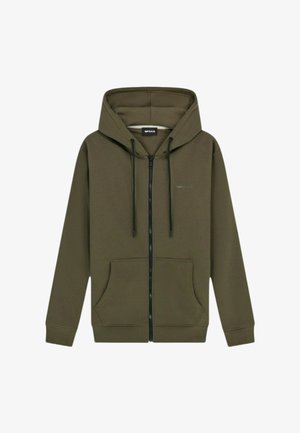 Felpa con zip verde oliva realizzata in tessuto morbido, dotata di una tasca frontale, cordini regolabili e un piccolo logo sul petto.