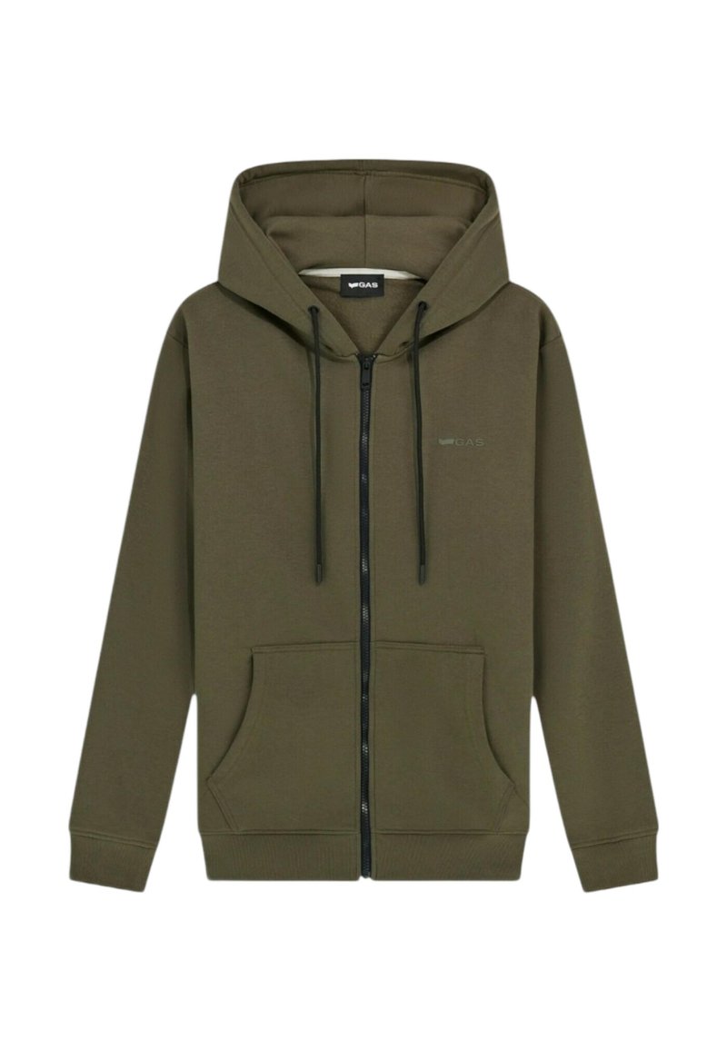 Felpa con zip verde oliva realizzata in tessuto morbido, dotata di una tasca frontale, cordini regolabili e un piccolo logo sul petto.