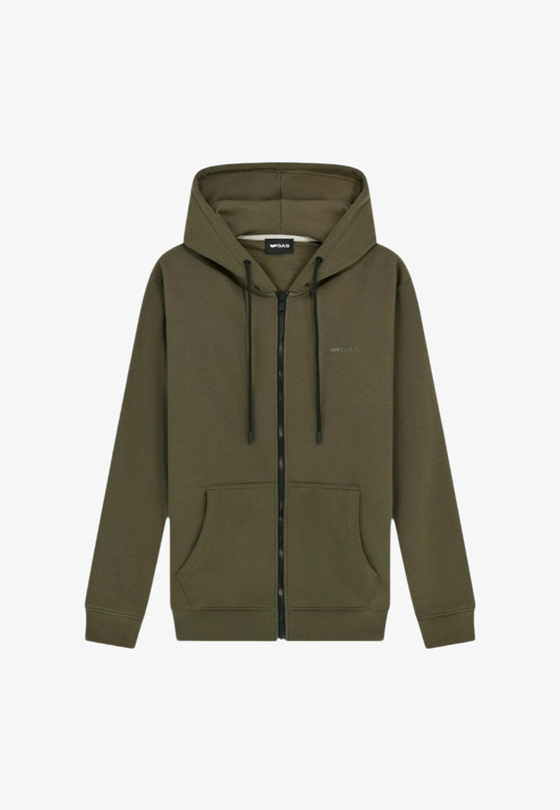 Felpa con zip verde oliva realizzata in tessuto morbido, dotata di una tasca frontale, cordini regolabili e un piccolo logo sul petto.