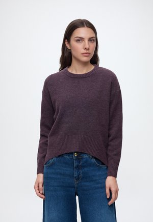 Femme aux longs cheveux bruns portant un pull en tricot violet et un jean bleu, debout devant un fond blanc uni.