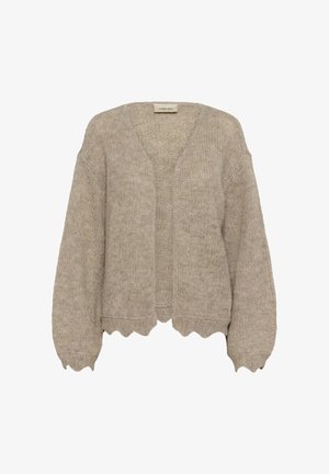Cardigan a maglia beige con scollo a V, apertura frontalе e maniche a palloncino. Presenta un orlo scallopato e un tessuto testurizzato per un effetto di maggiore profondità.