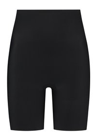 Högmidjade svarta shorts gjorda av ett mjukt, elastiskt material. Enkel design med ett mittlårskut och inga synliga sömmar eller utsmyckningar.