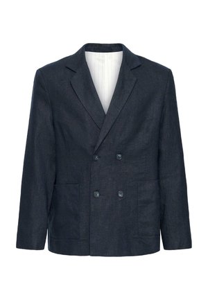 Tume sinine kahekordse nööpidega jakk sälguga krae, nelja nupuga, kahe esitaskuga ja valge voodriga.