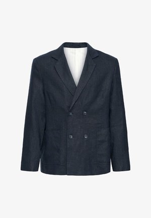 Tume sinine kahekordse nööpidega jakk sälguga krae, nelja nupuga, kahe esitaskuga ja valge voodriga.