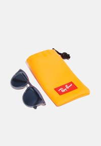 Ray-Ban'i prillid tumedate läätsedega, lillat värvi raamidega. Komplektis on oranž pehme kott musta nööri ja punase logopatch'iga.