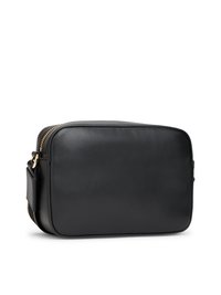 Black leather crossbody bag with a rectangular shape, gold zipper closure, and an adjustable strap. Smooth texture, minimal design.