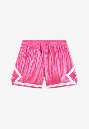 Ροζ γυαλιστερό σορτς μπάσκετ με λευκές λοξές ρίγες κοντά στο στρίφωμα και ελαστική μέση με κορδόνια.