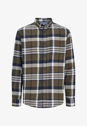 Raibā flanelēta krekls olīvzaļā, jūraszāles, pelēkā un baltā krāsā. Ar garām piedurknēm, pogām uz apkakles un krūšu kabatu.