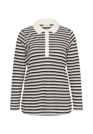 Polo manches longues à rayures noires et blanches, avec col et patte de boutonnage, présentant une texture en maille douce.