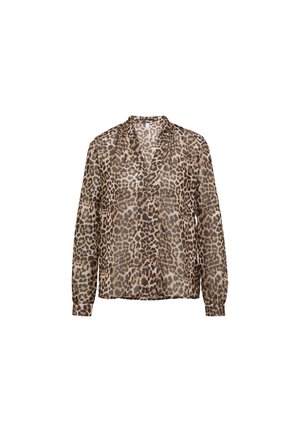 Durchsichtige Bluse mit Leopardenmuster, Kragen, langen Ärmeln und lockerer Passform. Verfügt über beige und braune Farbvariationen sowie eine weiche Textur.