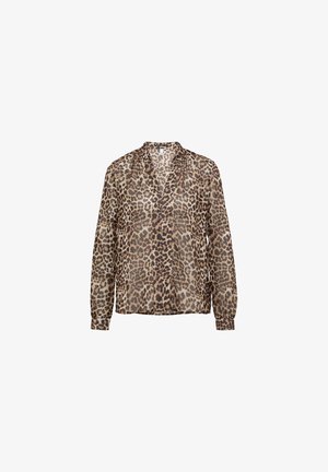 Durchsichtige Bluse mit Leopardenmuster, Kragen, langen Ärmeln und lockerer Passform. Verfügt über beige und braune Farbvariationen sowie eine weiche Textur.