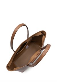 Sac cabas en cuir marron avec doublure intérieure texturée, deux poignées et ouverture supérieure. Dispose d'une poche zippée et d'un design minimaliste.