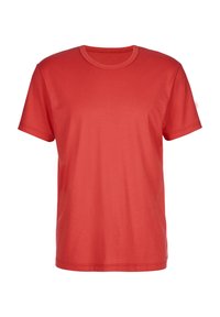 Rode t-shirt met korte mouwen van soepele stof, met een klassieke ronde hals en eenvoudig design zonder patronen of accenten.
