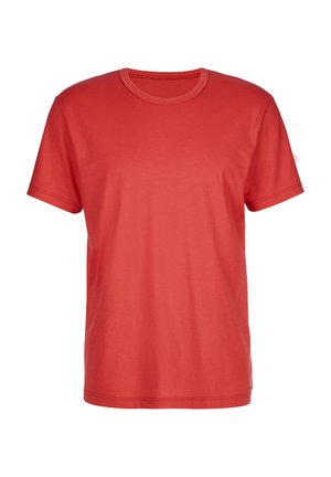 Rode t-shirt met korte mouwen van soepele stof, met een klassieke ronde hals en eenvoudig design zonder patronen of accenten.
