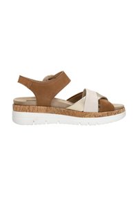 Braune und beige multifunktionale Sandale mit Kork-Plateau und weißer Sohle. Verstellbarer Fersenriemen, glatte Texturen und gekreuzte Vorderbänder.