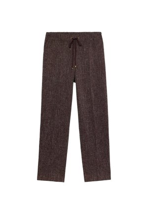 Bordeaux ontspannen fit broek met een trekkoord in de taille, textuurstof en rechte pijpen. Bevat subtiele variaties in kleur en textuur.