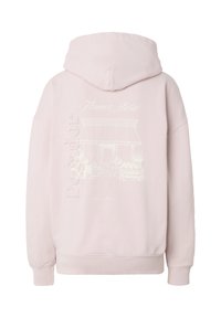 Lichtroze hooded sweatshirt met een subtiele schets van een bloemenwinkel op de achtergrond en verticale tekst "read up" op de achterkant.