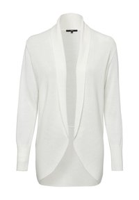 Cardigan blanc en maille avec manches longues, ouverture à l'avant, et finition légèrement texturée. Présente une coupe décontractée et des poignets côtelés.