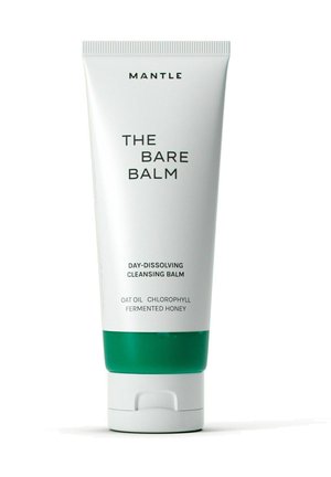Mantle The Bare Balm dagopløsende rensebalm i hvid tube med grøn hætte, med havreolie, klorofyl og fermenteret honning.