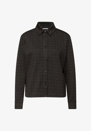 Mörkbrun rutig skjorta tillverkad av texturerat tyg. Har knappknäppning fram, långa ärmar och klassisk krage.