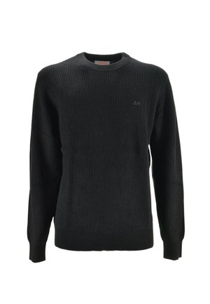 Maglione a maniche lunghe a girocollo nero a costine con piccolo logo ricamato sul lato sinistro del petto.