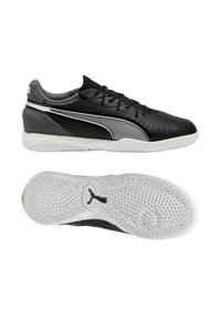 Czarne i szare buty sportowe o smukłym designie, syntetyczna cholewka, fakturowany przód oraz gumowa podeszwa z okrągłymi uchwytami.
