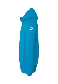 Blue hooded jacket made of soft material, featuring a zip closure, side pockets, elastic cuffs, and a logo on the left sleeve.