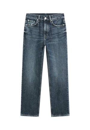 Donkerblauwe rechtuit gesneden spijkerbroek met zakken aan de voorkant en achterkant, riemlussen, en een knoop- en ritssluiting.